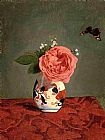 Famous Rose Paintings - Garden Rose and Blue Forget-Me-Nots in a Vase
